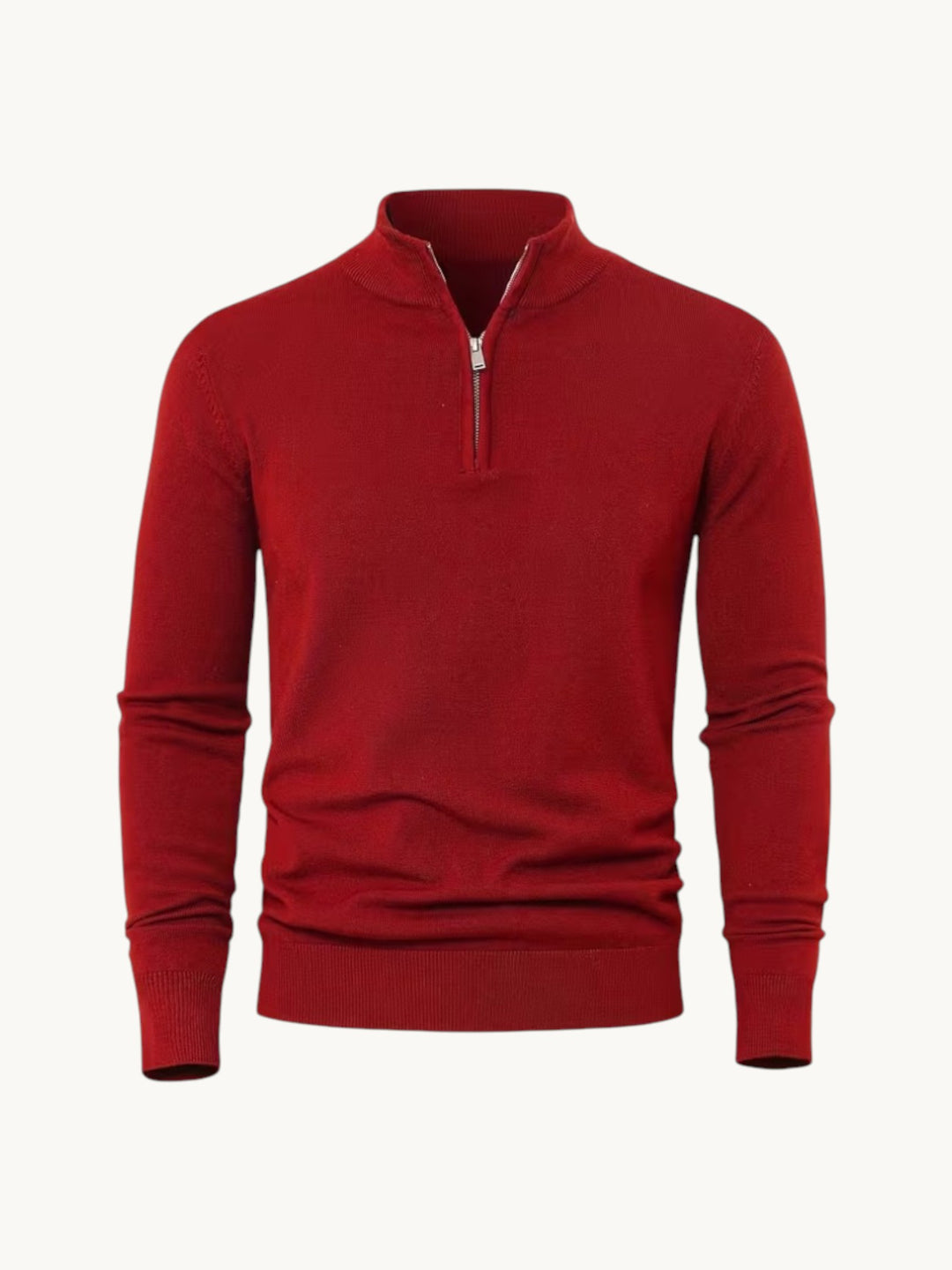 Pull en maille bordeaux à col montant zippé, vue de face sur fond neutre