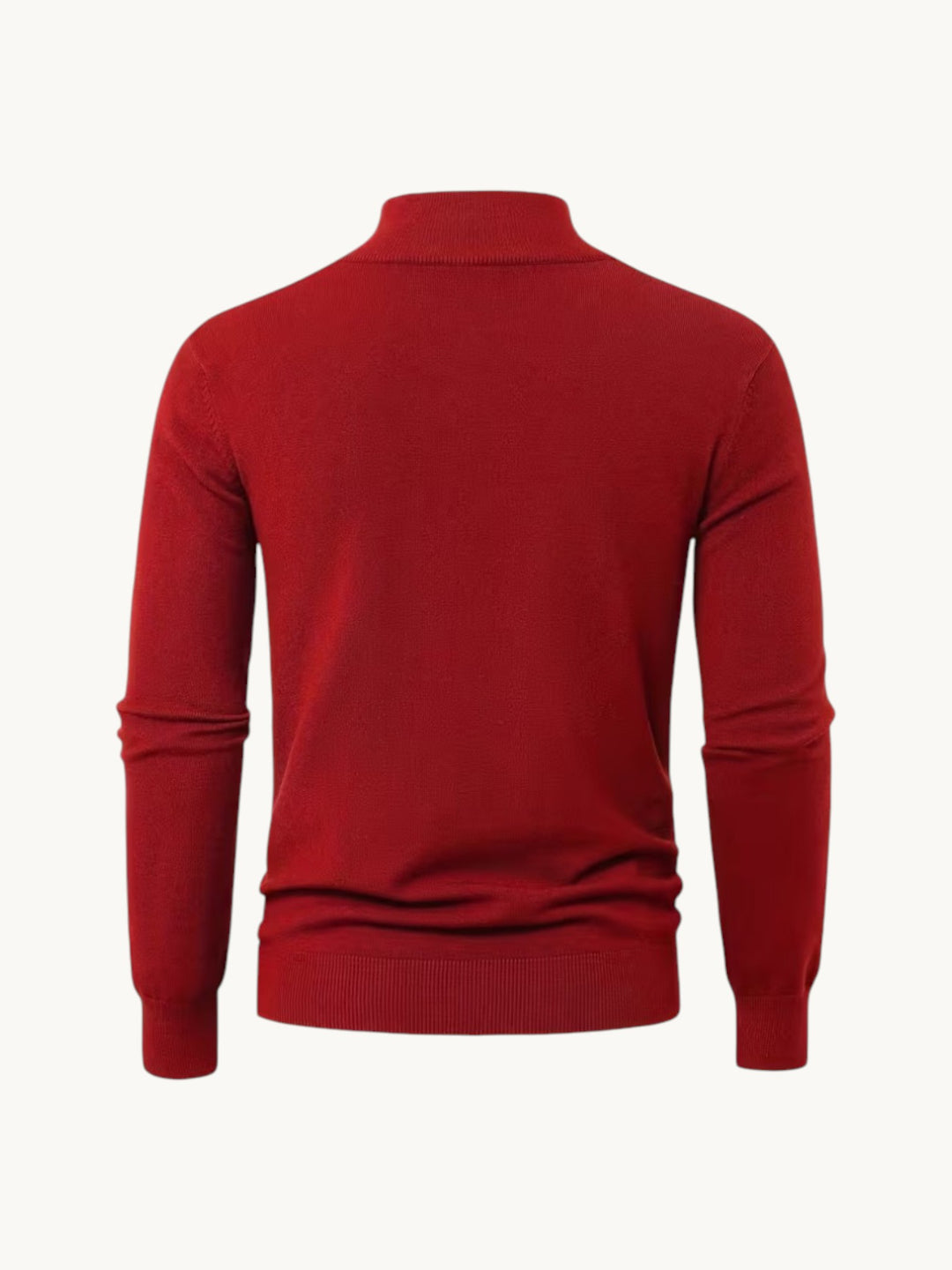 Pull en maille bordeaux à col montant zippé, vue de dos sur fond neutre