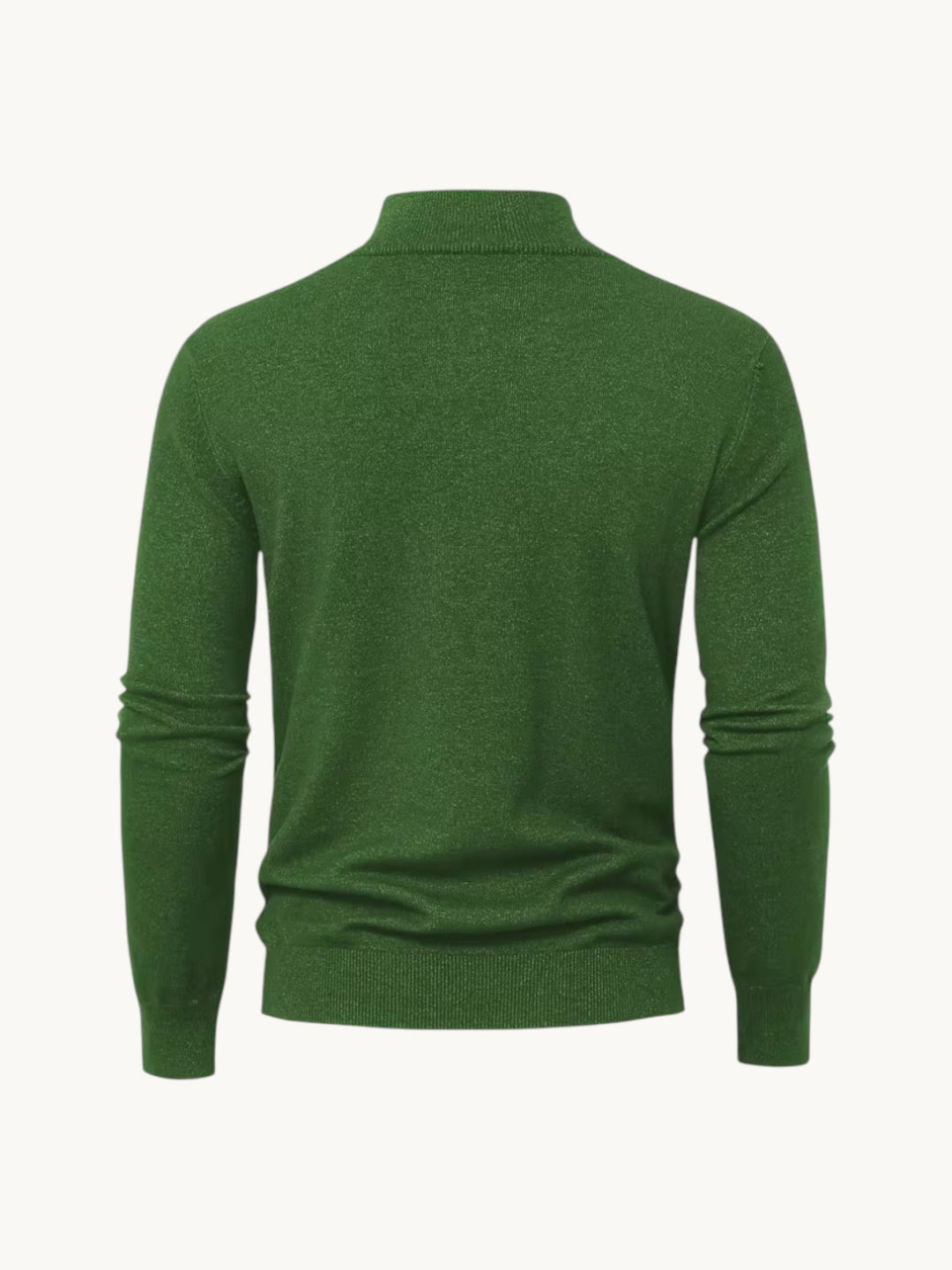 Pull en maille vert foncé à col montant zippé, vue de dos sur fond neutre