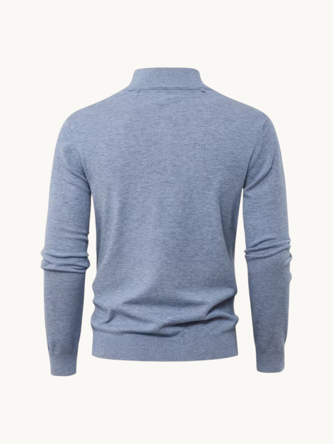 Pull en maille bleu clair chiné à col montant zippé, vue de dos