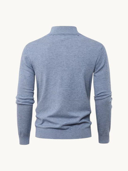 Pull en maille bleu clair chiné à col montant zippé, vue de dos