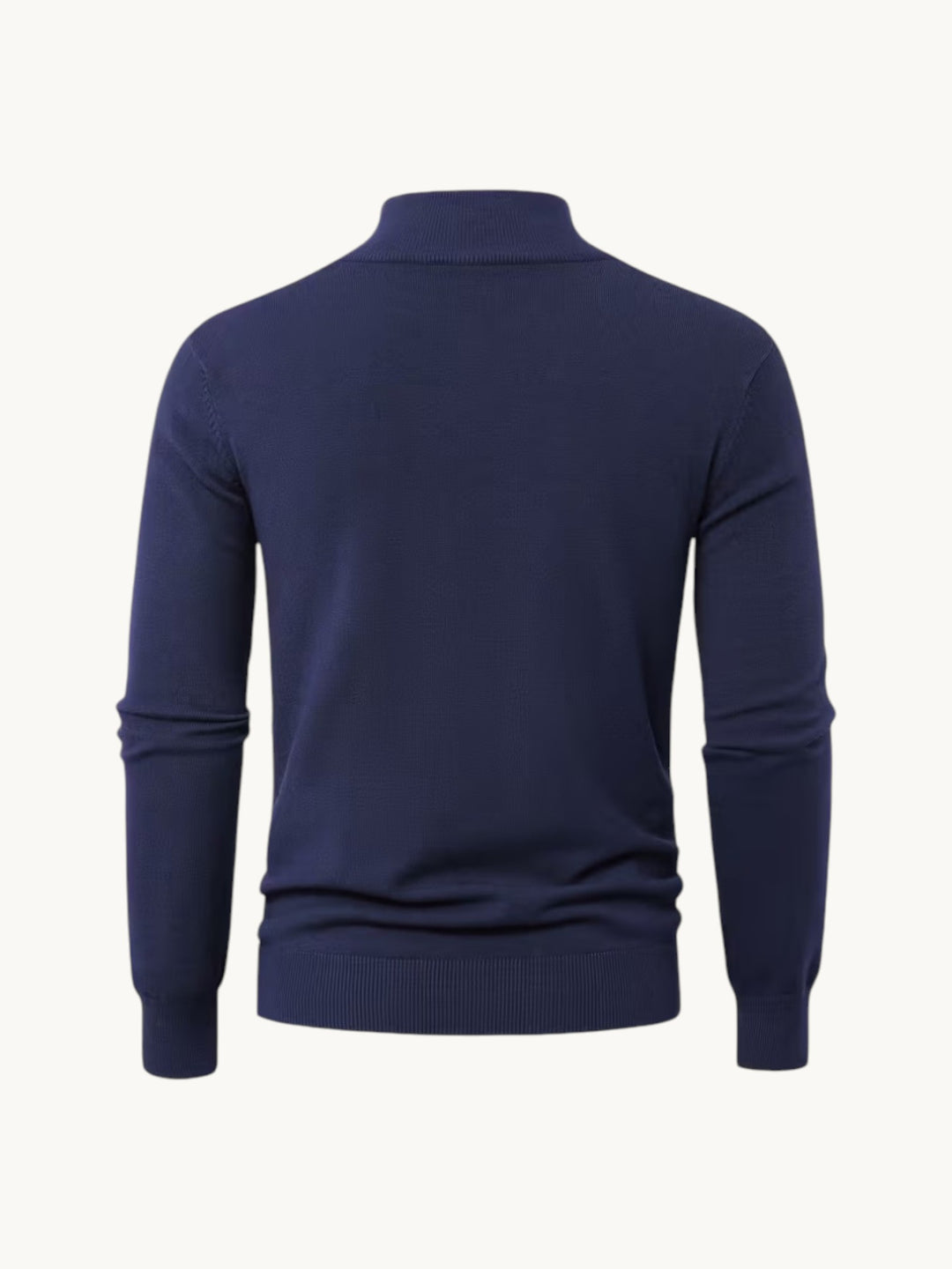 Pull en maille bleu marine à col montant zippé, vue de dos