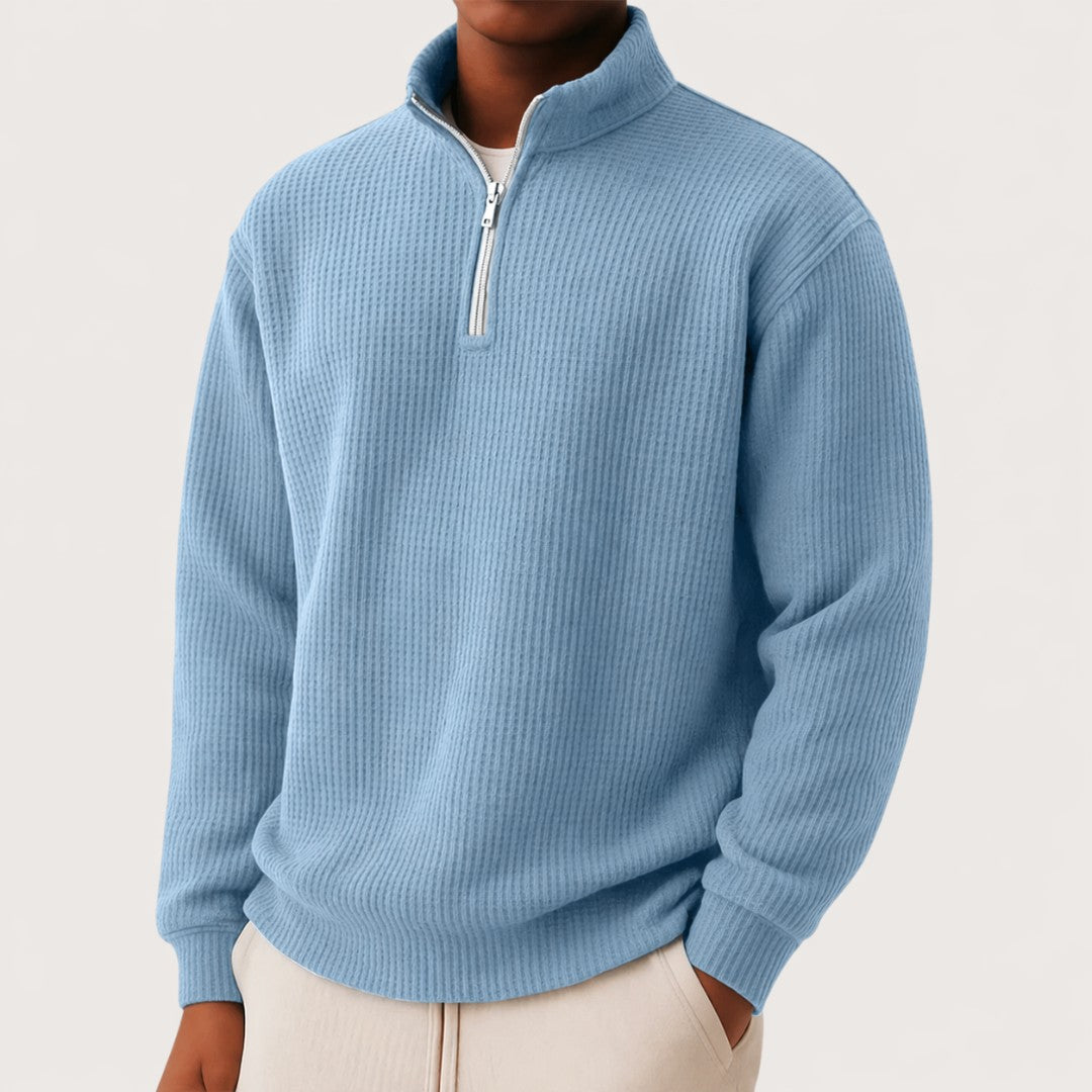 Pull gaufré demi-zip in Light Blue | By Old Money