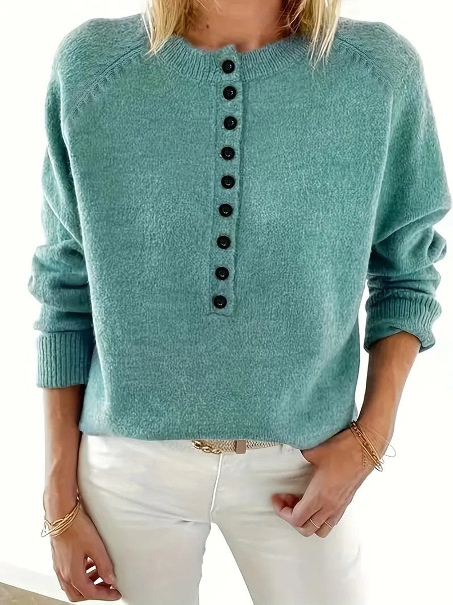 Pull henley boutonné, coloris bleu sarcelle, vue de face