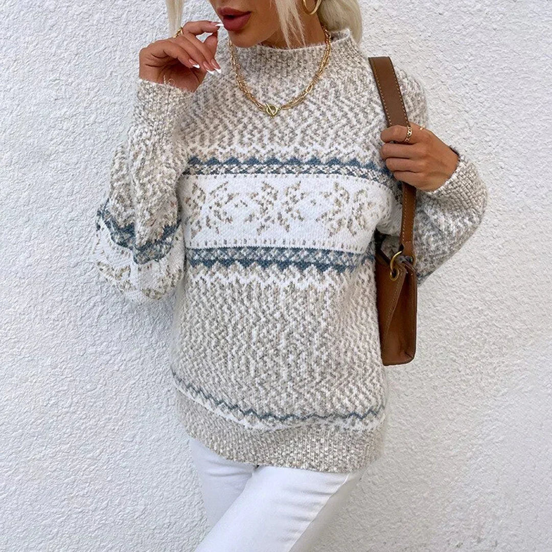 Pull bande à flocons pour femme, coloris beige