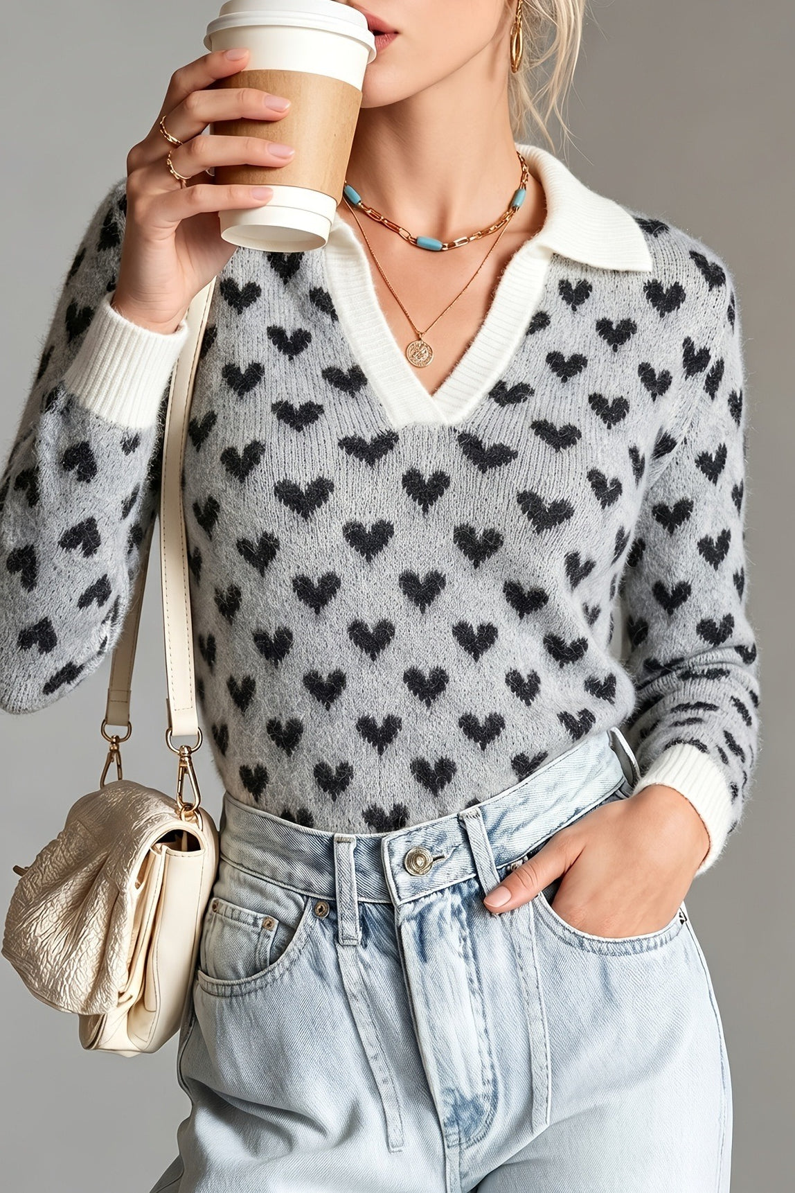 Pull jacquard col polo, coloris gris, porté en tenue, vue 2