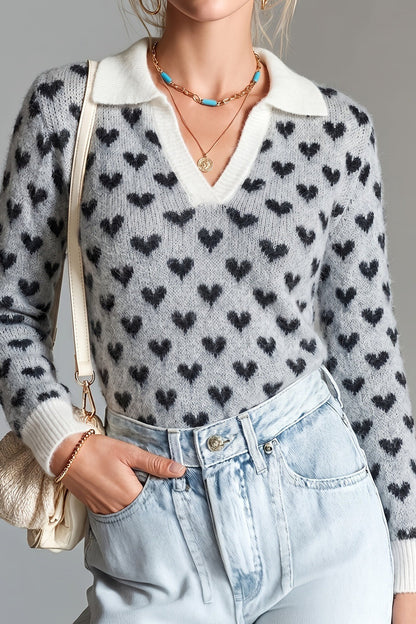 Pull jacquard col polo, coloris gris, porté en tenue, vue 4