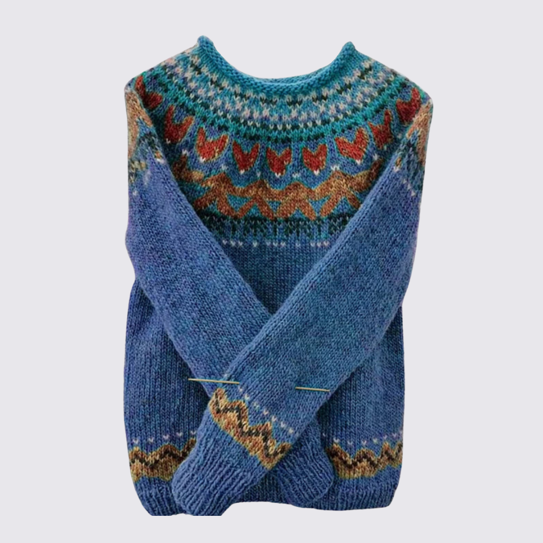 Pull à empiècement jacquard pour femme, coloris bleu