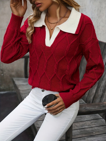 Pull losanges col polo, coloris rouge, vue de face
