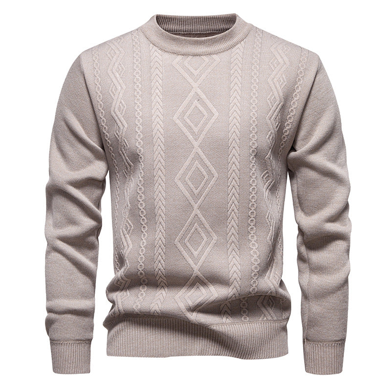 Pull à losanges beige en maille fine, col rond, vue de face