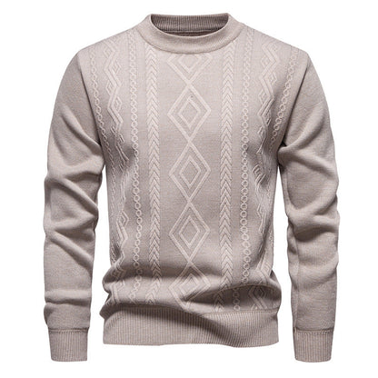 Pull à losanges beige en maille fine, col rond, vue de face