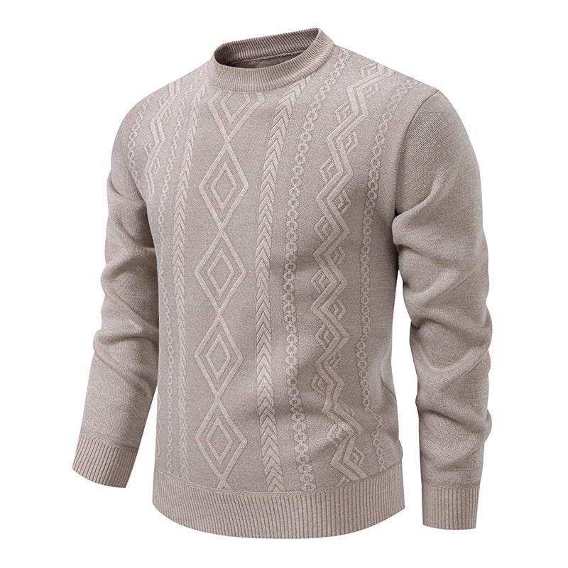 Pull à losanges beige en maille fine, col rond, présenté à plat