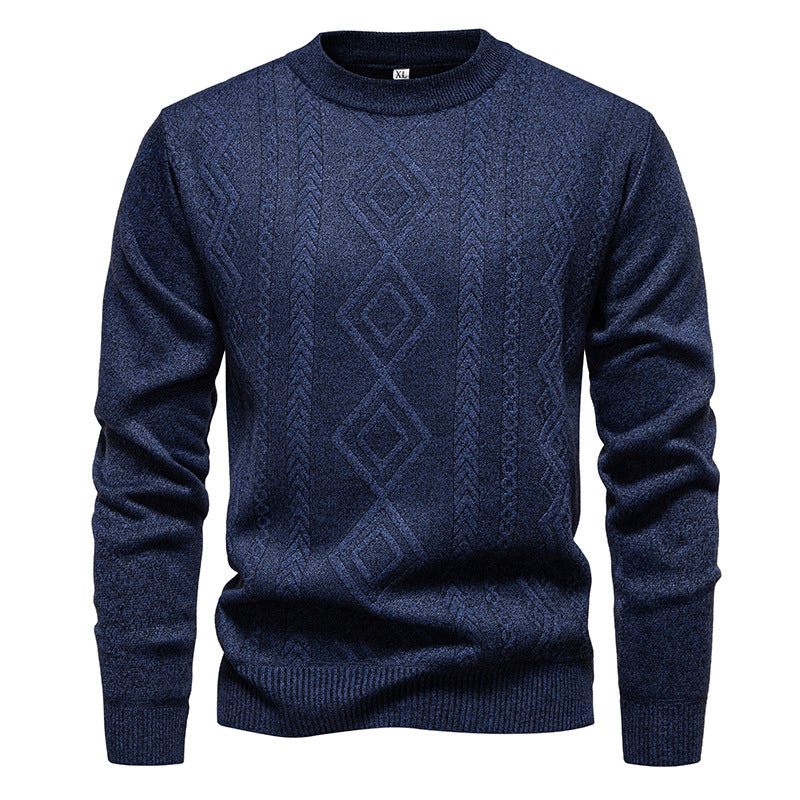 Pull à losanges bleu en maille fine, col rond, vue de face