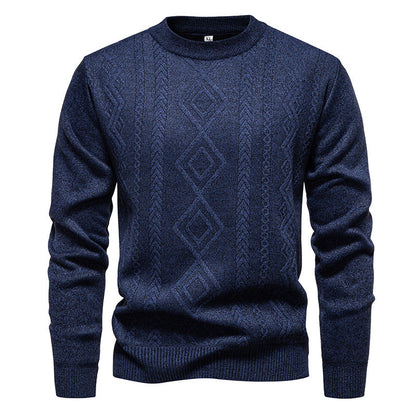 Pull à losanges bleu en maille fine, col rond, vue de face