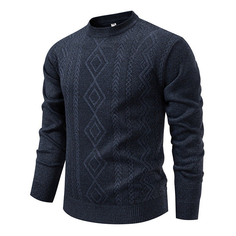 Pull à losanges bleu marine en maille fine, col rond, vue de face