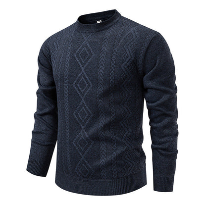 Pull à losanges bleu marine en maille fine, col rond, vue de face