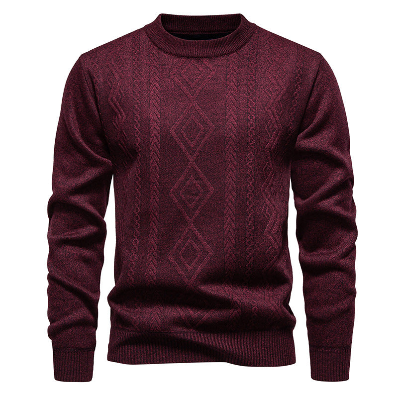 Pull à losanges bordeaux en maille fine, col rond, vue de face