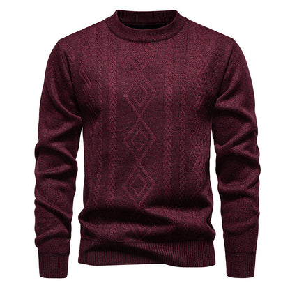 Pull à losanges bordeaux en maille fine, col rond, vue de face
