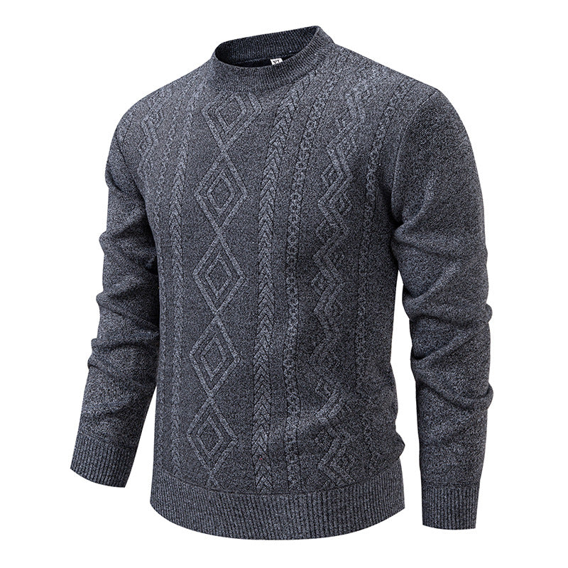 Pull à losanges gris en maille fine, col rond, présenté à plat