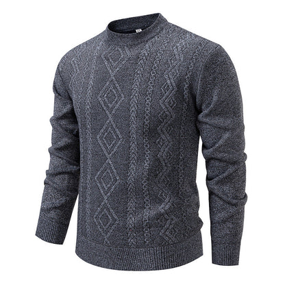 Pull à losanges gris en maille fine, col rond, présenté à plat