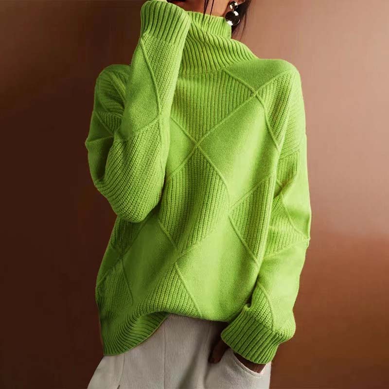 Pull losanges col roulé, coloris vert clair, porté en tenue, vue 2