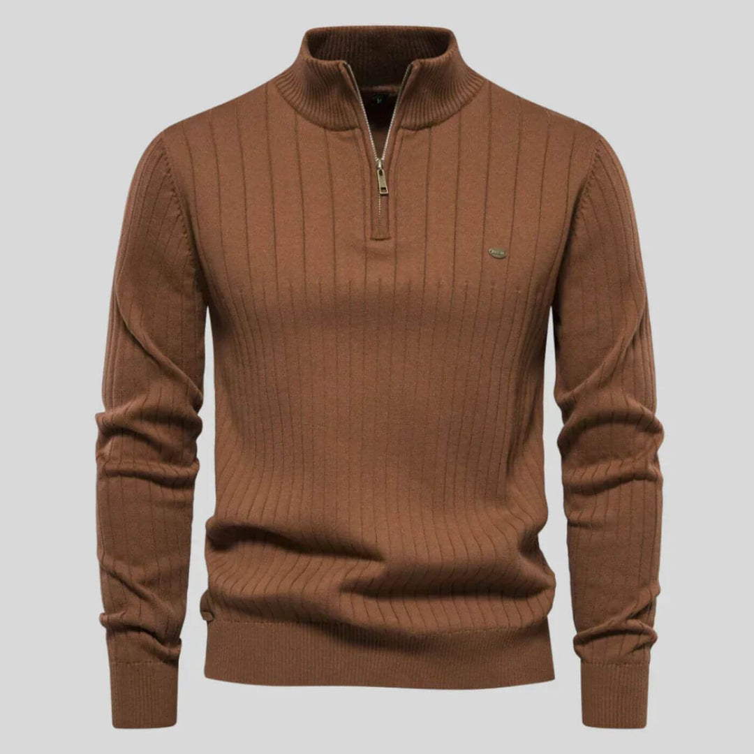 Pull maille côtelée zippé in Brown | By Old Money