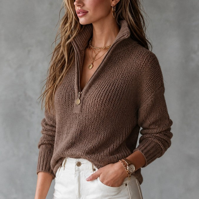 Pull maille col zippé, coloris marron, porté en tenue, vue 6