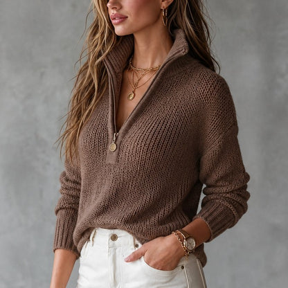 Pull maille col zippé, coloris marron, porté en tenue, vue 6