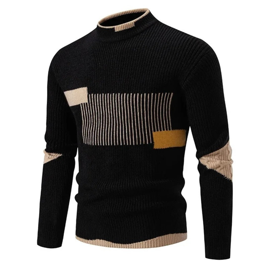 Pull en maille côtelée pour homme, noir à motif géométrique beige