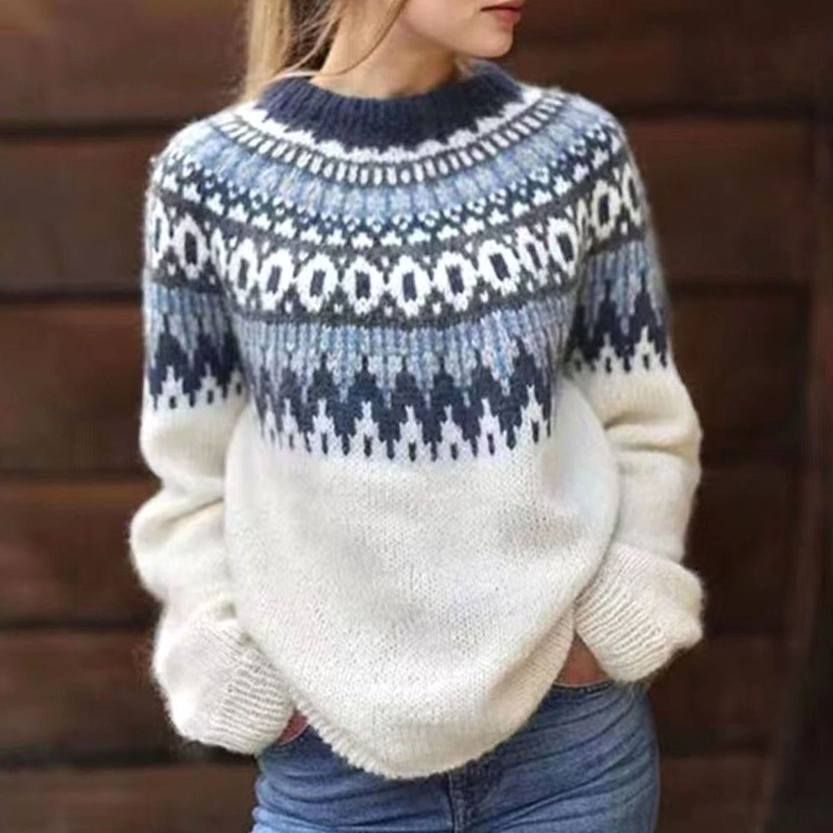 Pull norvégien bords contrastés pour femme, coloris blanc