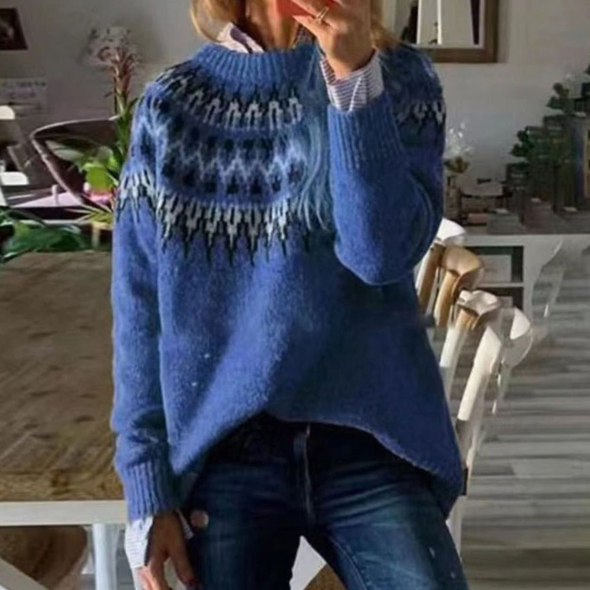 Pull norvégien bords contrastés pour femme, coloris bleu
