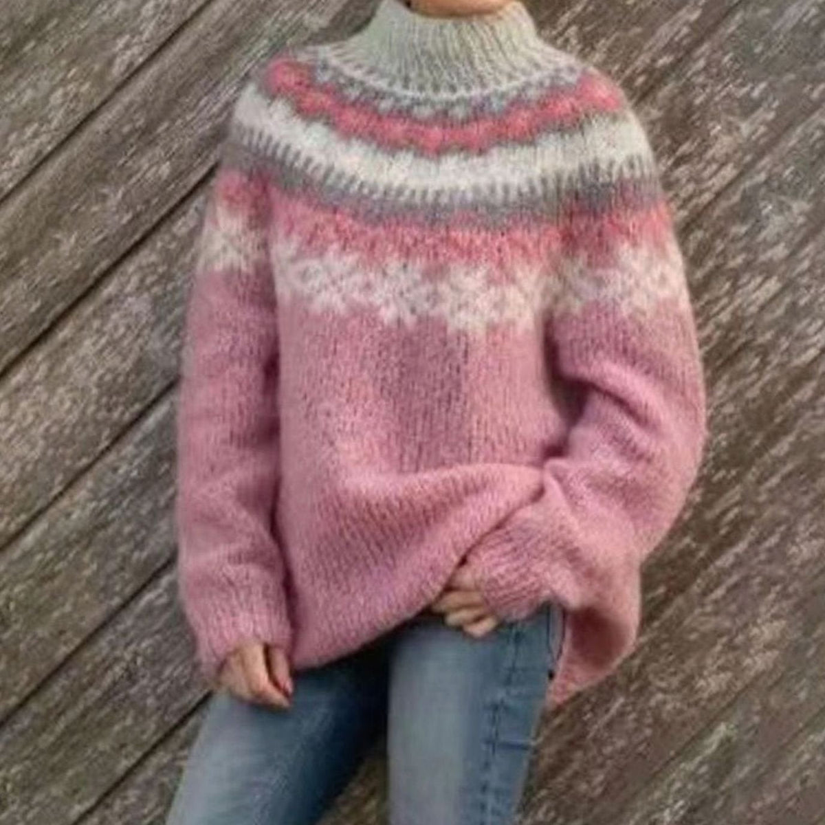 Pull norvégien bords contrastés pour femme, coloris rose