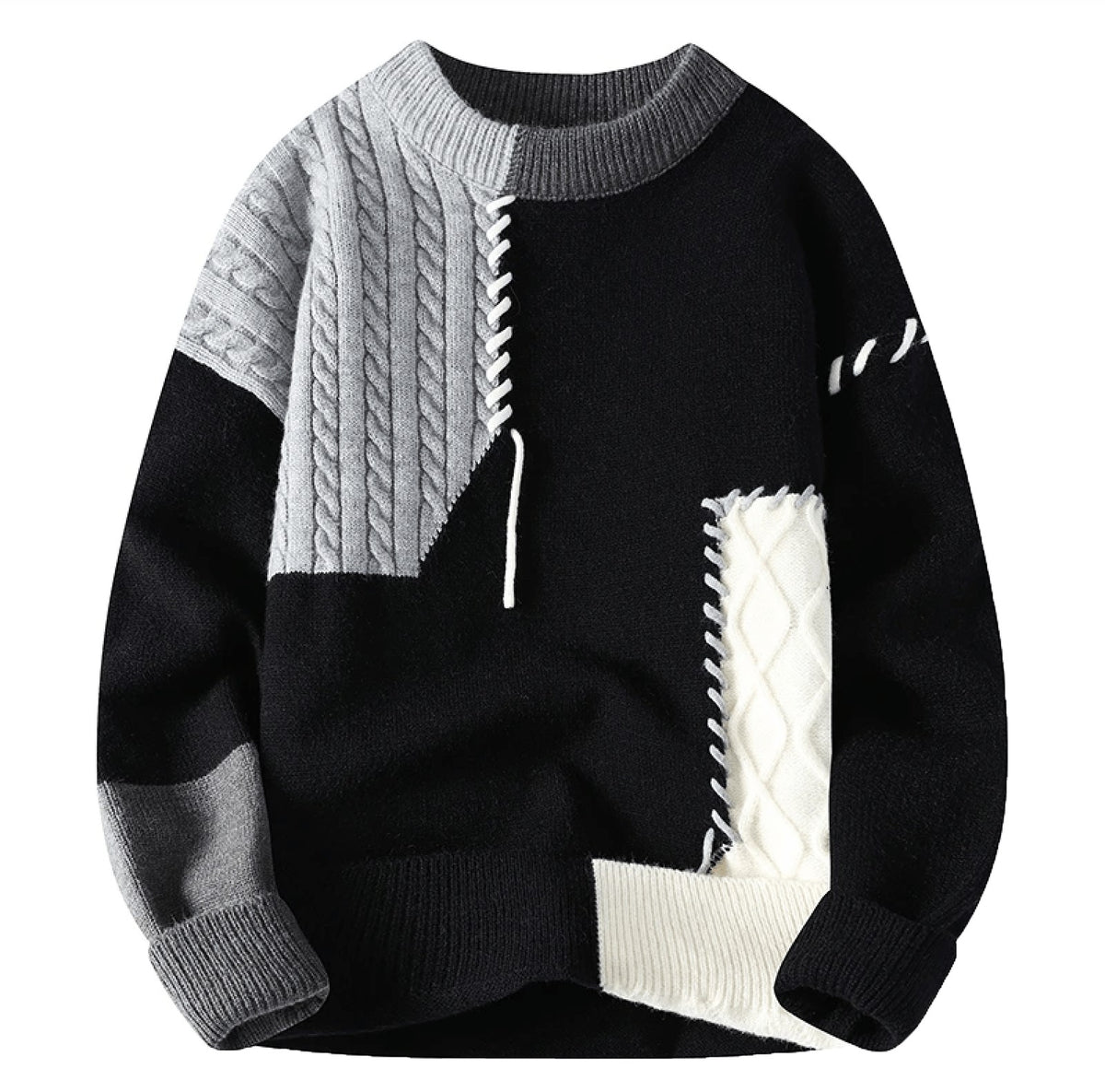 Pull patchwork col rond, noir