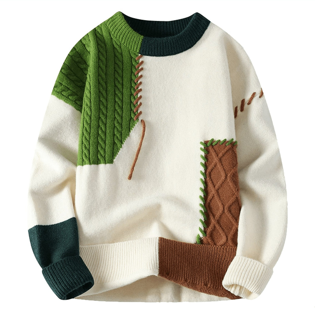 Pull patchwork col rond, vert/blanc