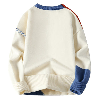 Pull patchwork homme col rond, dos écru avec poignet bleu, vue de dos