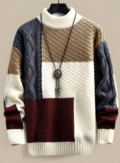 Pull patchwork à torsades, blocs bordeaux, camel et écru, vue de face