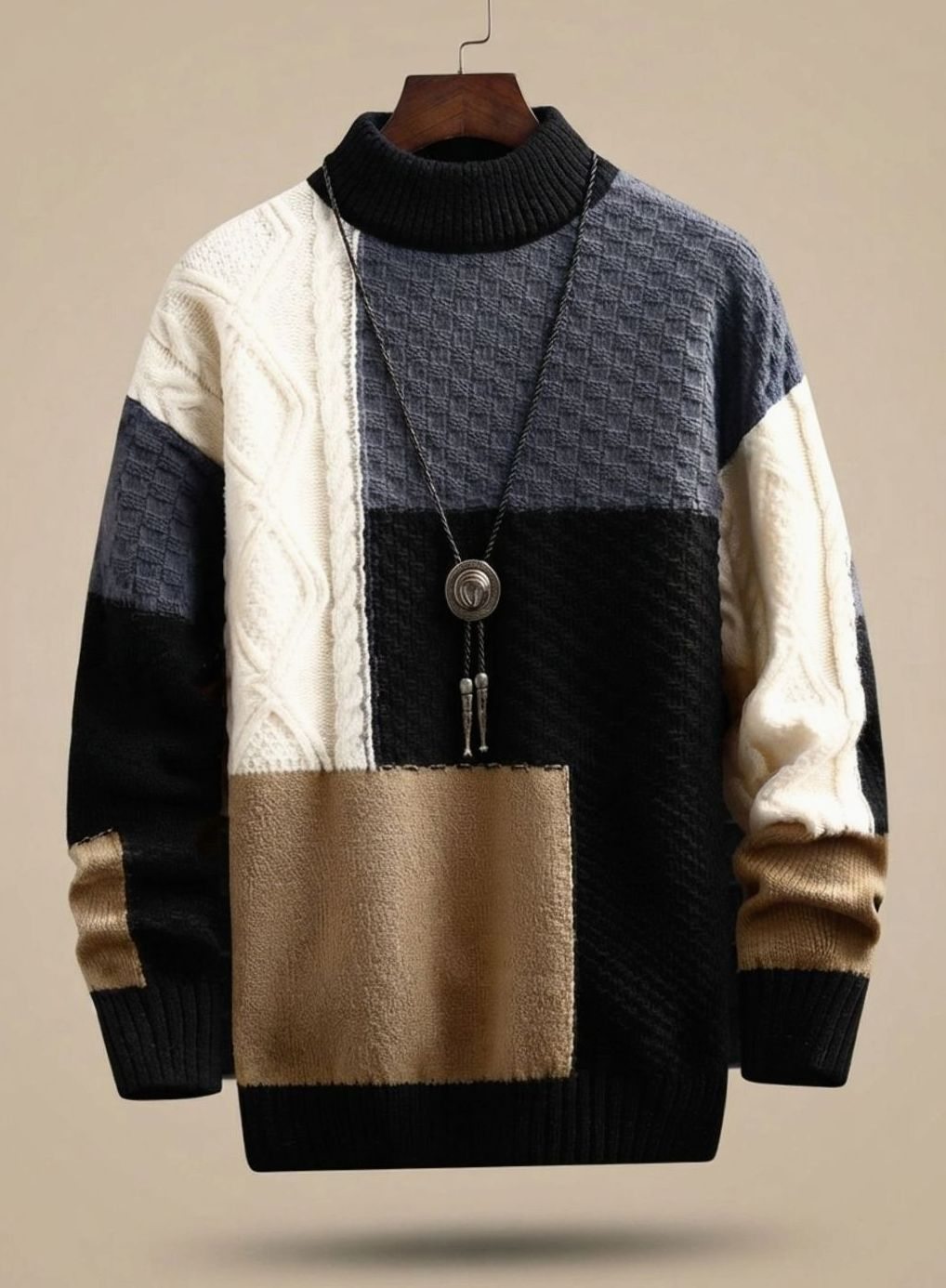 Pull patchwork à torsades, blocs noir, gris, écru et camel, vue de face