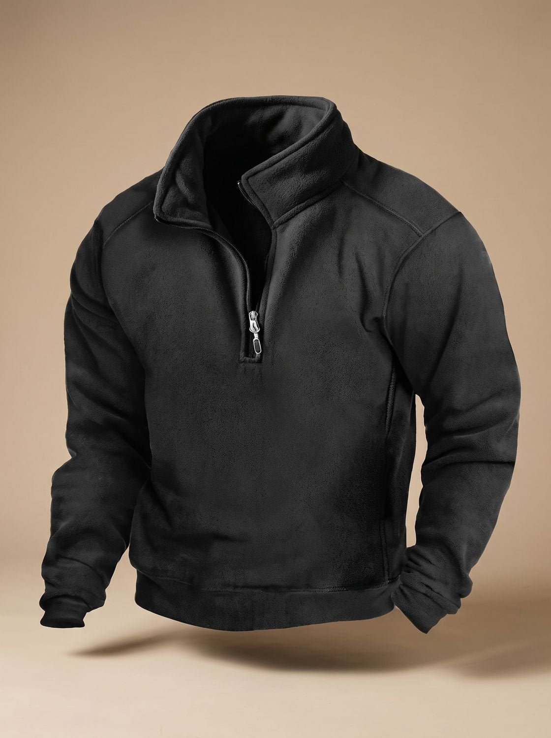 Pull polaire homme noir à col montant zippé, vue de trois quarts