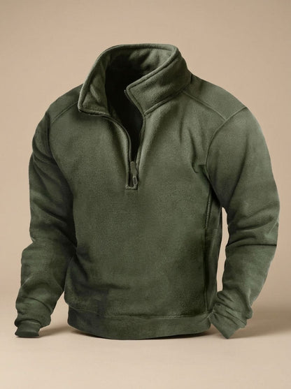 Pull polaire homme vert à col montant zippé, vue de trois quarts
