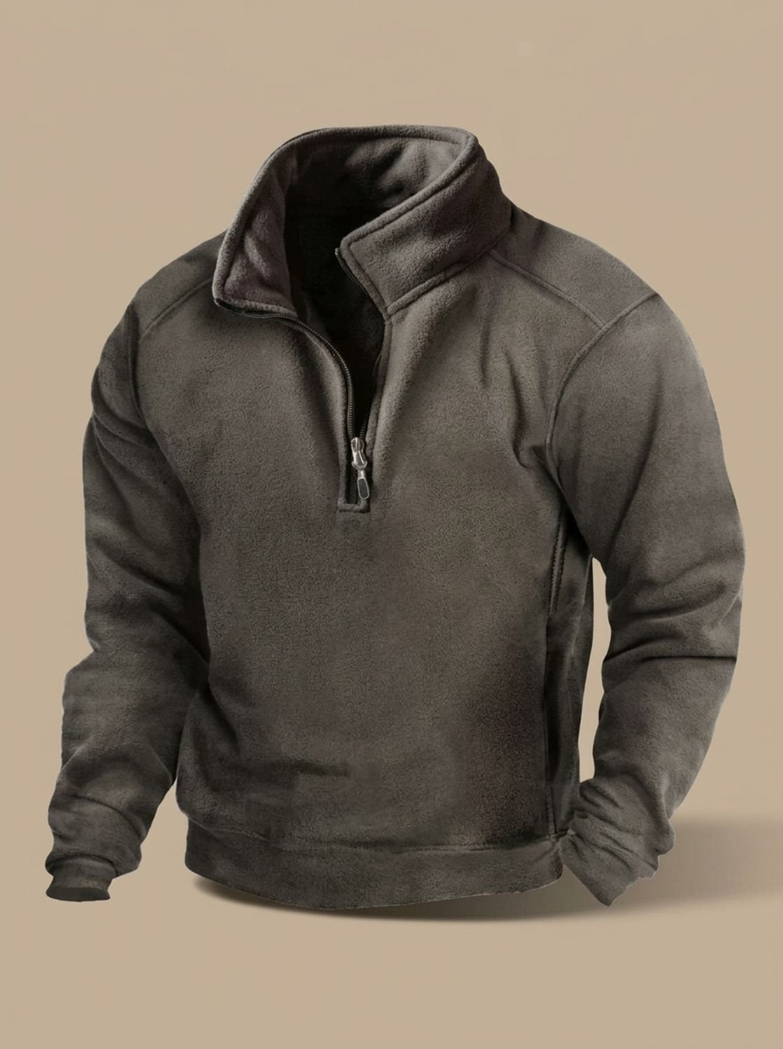 Pull polaire homme gris foncé à col montant zippé, vue de trois quarts