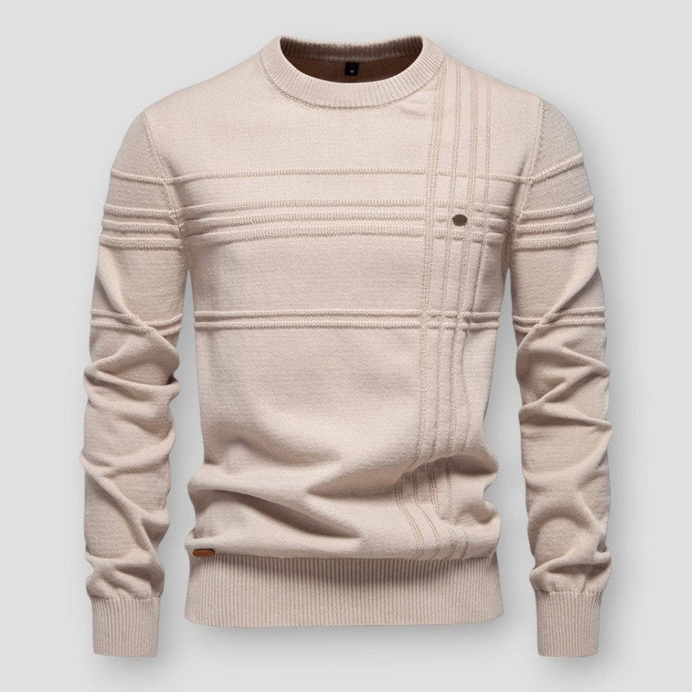 Pull écru à col rond, motifs de rayures en relief et bord-côte aux poignets