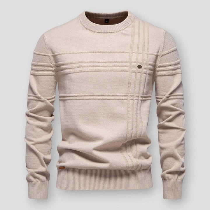 Pull écru à col rond, motifs de rayures en relief et bord-côte aux poignets