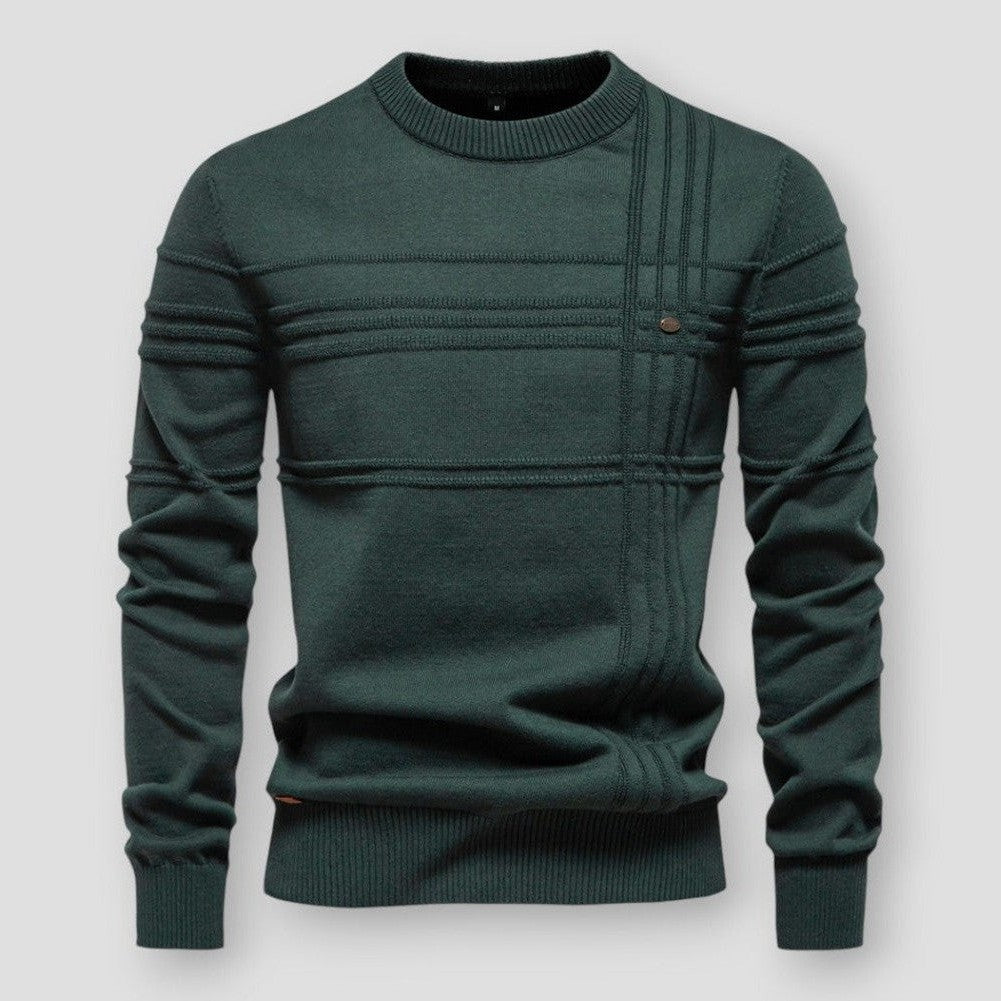 Pull vert sapin à col rond, rayures en relief et bas de vêtement côtelé