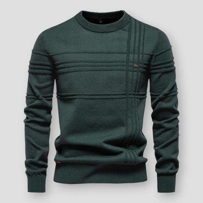Pull vert sapin à col rond, rayures en relief et bas de vêtement côtelé