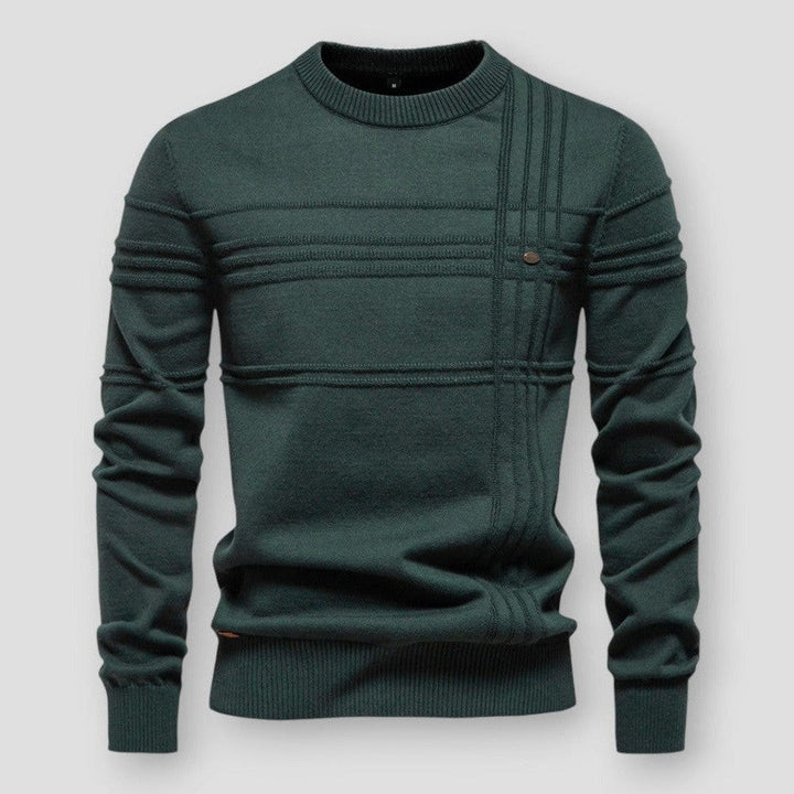Pull vert sapin à col rond, rayures en relief et bas de vêtement côtelé