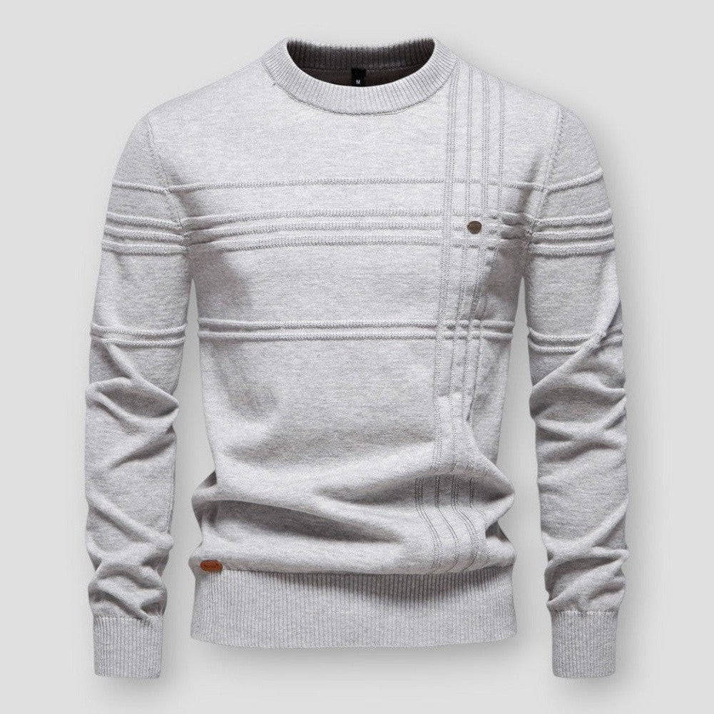 Pull gris clair chiné à col rond, rayures en relief et poignets en bord-côte
