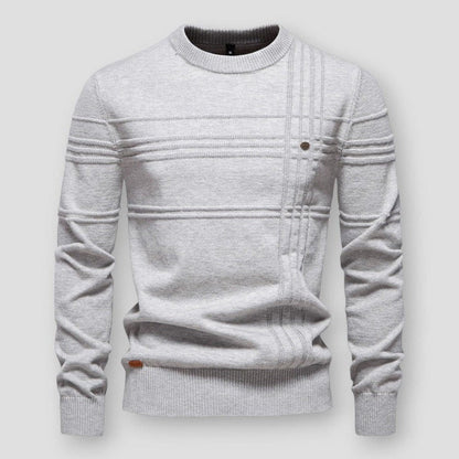 Pull gris clair chiné à col rond, rayures en relief et poignets en bord-côte
