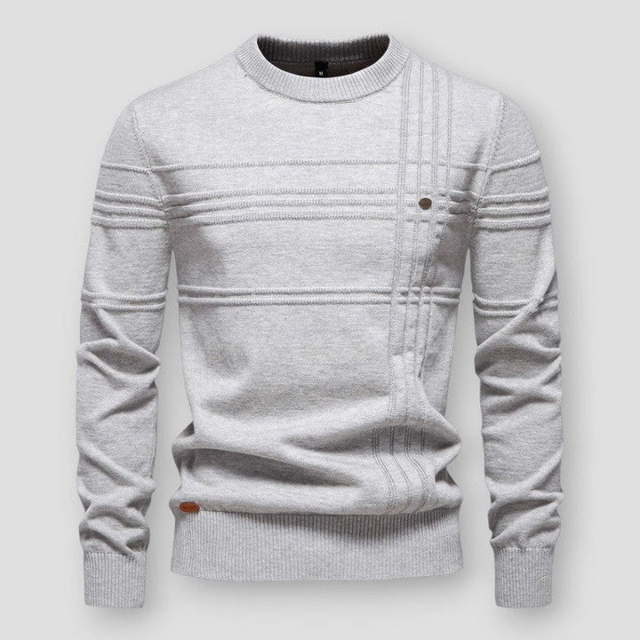 Pull gris clair chiné à col rond, rayures en relief et poignets en bord-côte