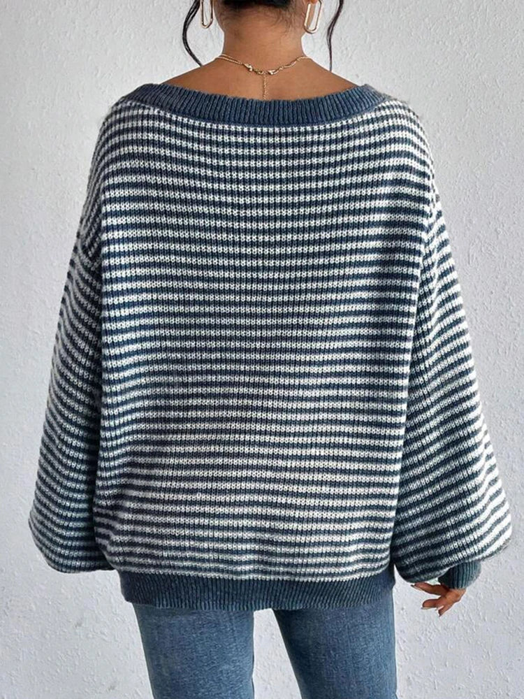 Pull rayé encolure bateau, coloris bleu, vue de dos