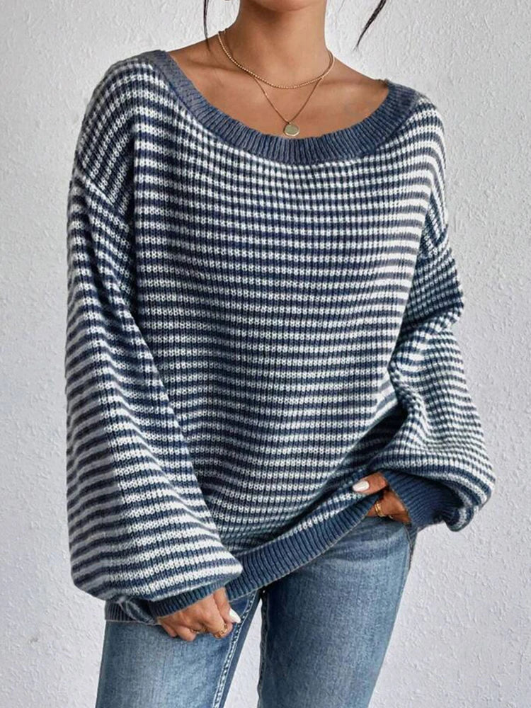 Pull rayé encolure bateau, coloris bleu, vue de face